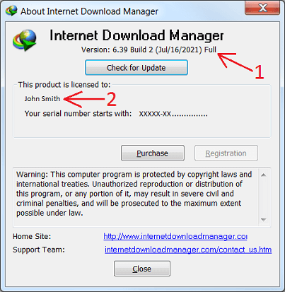 Check that Internet Download Manager is registered on 'About' dialog