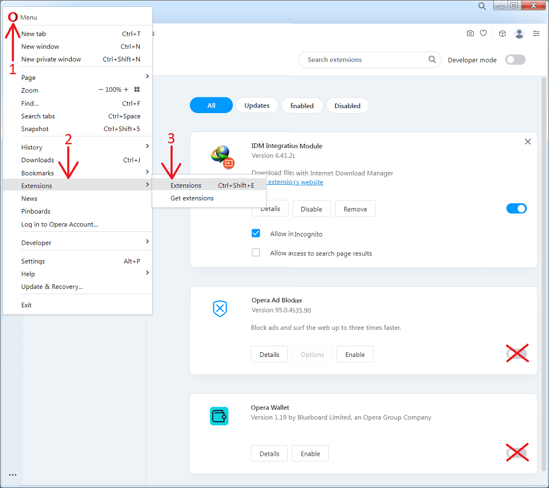 Disable all other extensions in Opera