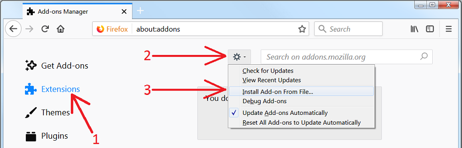 IDMCC extension install add-on from file menu item
