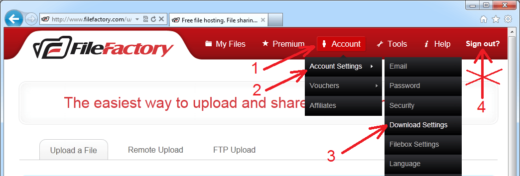 Access FileFactory account download settings
