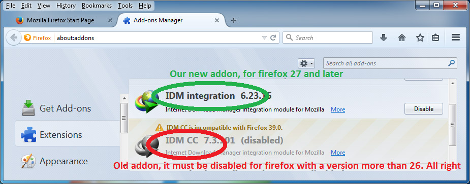 Old and new IDM FireFox add-ons