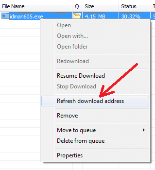 'Refresh download address' Internet Download Manager list pop-up menu item 