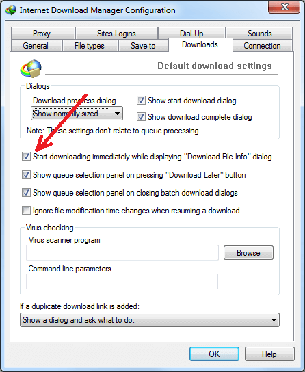 Enable 'Start downloading immediately while displaying Download File Info dialog' option