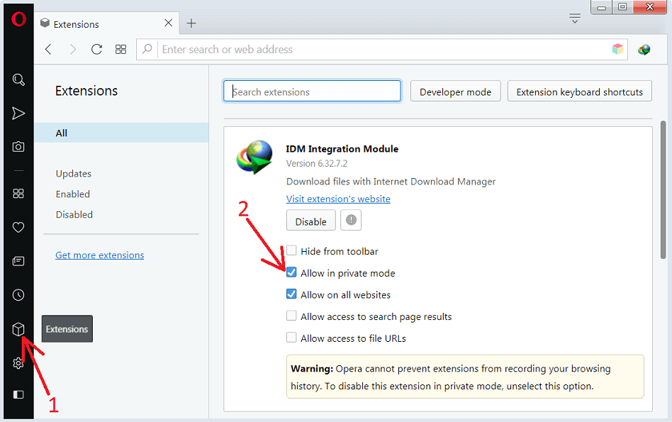 Allow Opera extension in private mode