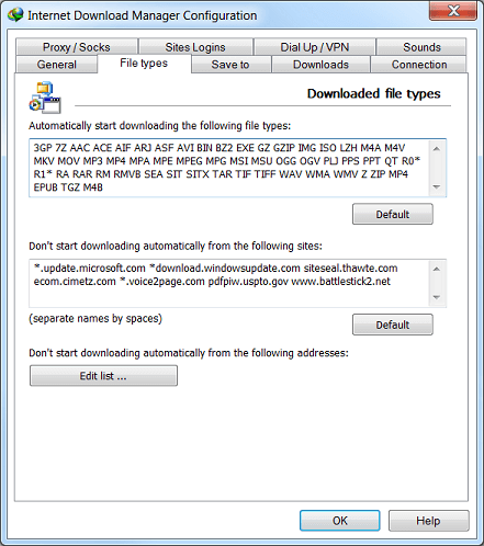 Internet Download Manager 'Options' dialog 'File Types' tab